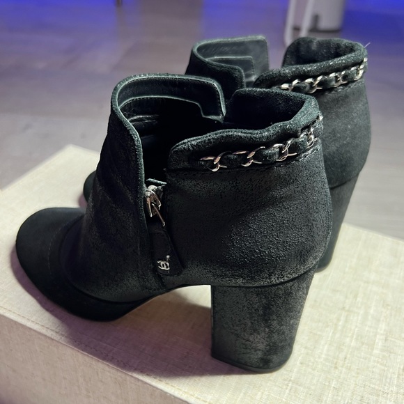 Chanel Black Distressed Suede Chain Detail Ankle Boots Shoes